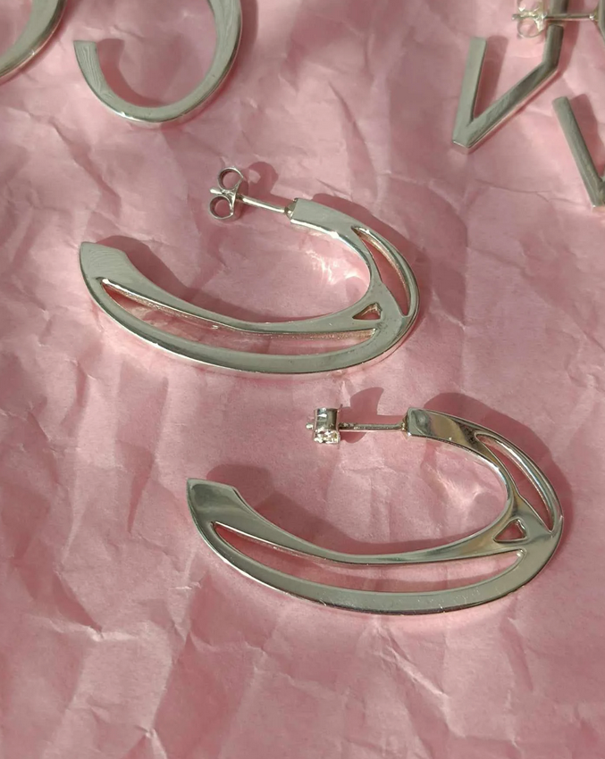 Silver Architectural Hoop Earrings