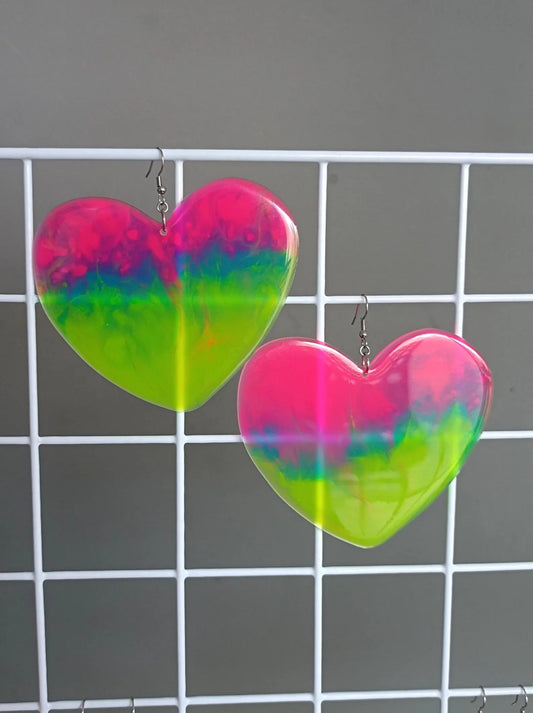 Huge Neon Tie Dye Heart Earrings