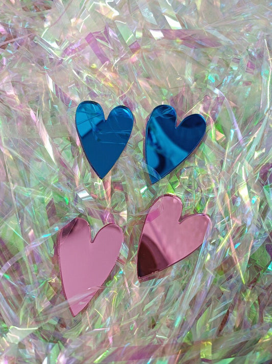 Mirrored Acrylic Heart Earrings, Blue Pink Laser Cut Heart Studs